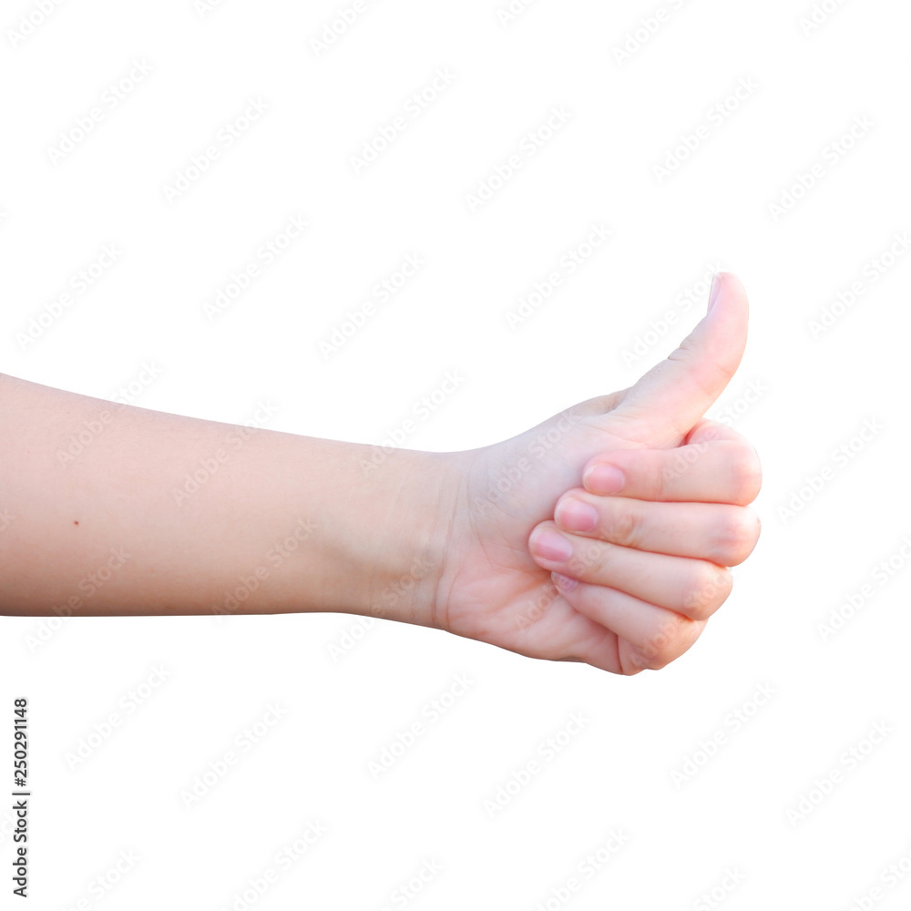 Female thumbs up isolated on white background, Clipping path.