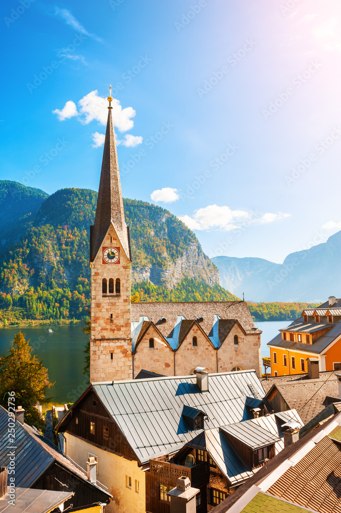 Hallstatt village in Alps mountains, Austria.
