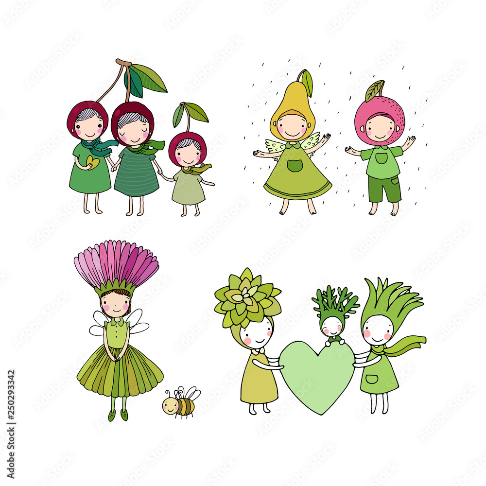 Set with cute cartoon characters. Funny cherries, fruits and succulents.  Fairy-tale heroes. Summer history Stock Vector | Adobe Stock