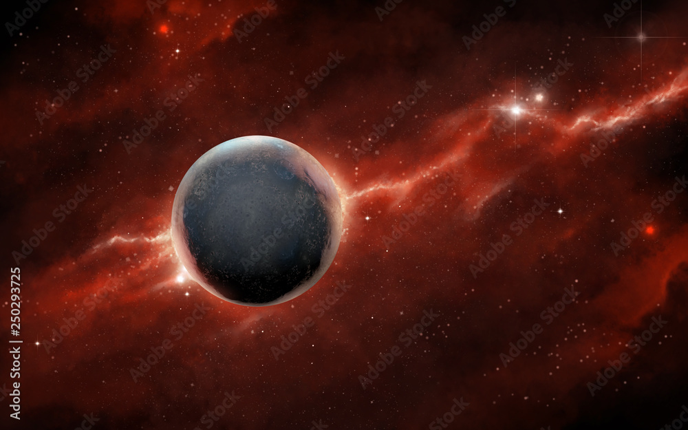 Red nebula and planet