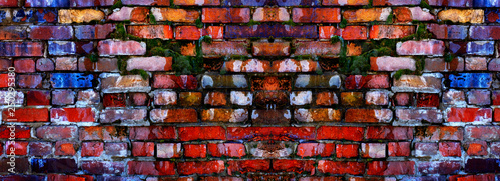 Fotografia Old Textured Wall with Colorful Bricks and Green Moss Growing