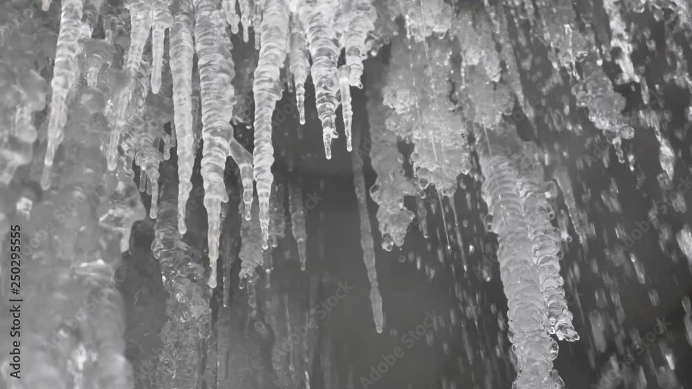 Slow motion shot of water falling from the icicles. Slow motion shot of water falling from the icicles.