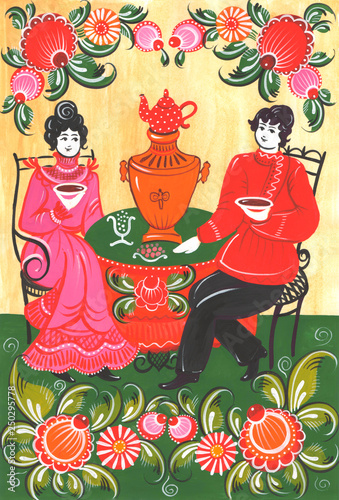 Schilderij op canvas Tea-drinking of two young people and flowers are painted with tempera paint in the style of Russian folk traditional Gorodets painting