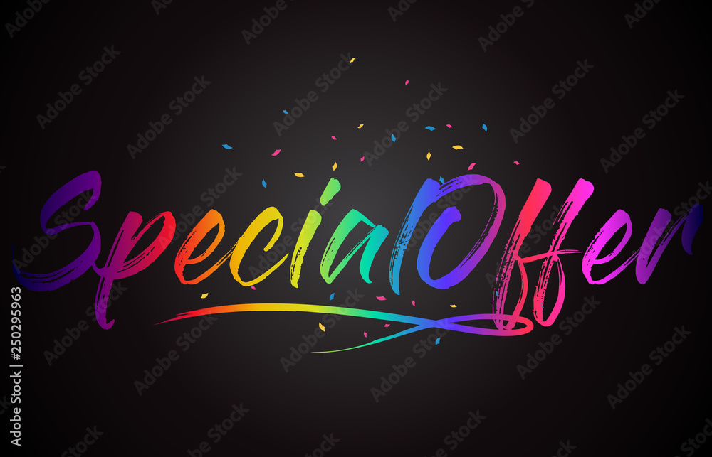 Specialoffer Word Text with Handwritten Rainbow Vibrant Colors and Confetti.