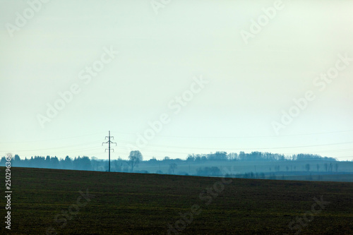 mystical mysterious landscape of a field in with the silhouette of a forest in haze