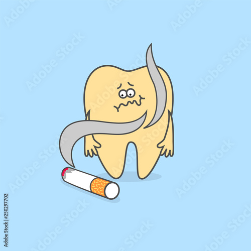 Cartoon tooth with cigarette. Yellowing teeth and other discoloration. Dental care concept.