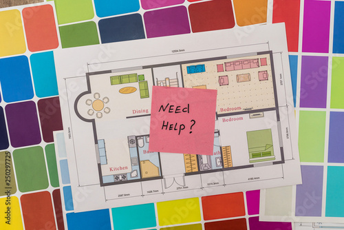House plan with colour swatches and 'need help' text