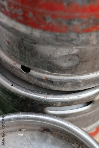 Stacked beer barrels awaiting collection and return to the brewery