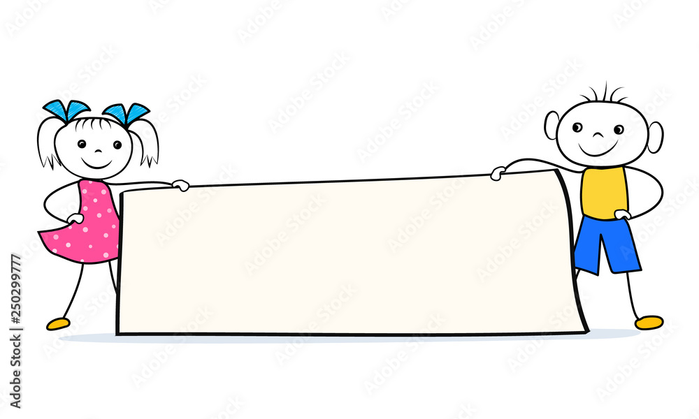Doodle cartoon characters holding promotion banner with copy space. Vector illustration Doodle cartoon characters holding promotion banner with copy space. Vector illustration