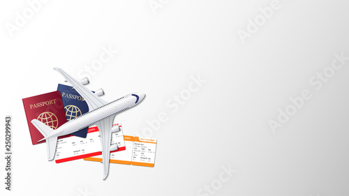 Airplane, passport and boarding pass on empty background with copy space for text, travel background, vector illustration