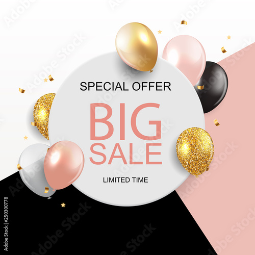 Sale banner with floating balloons. Vector illustration