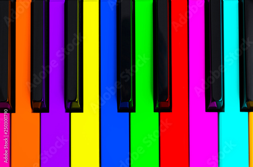 Top view of multicolored piano keys. Close-up of piano keys. Close frontal view. Piano keyboard with selective focus. Top view. Colorful Piano keyboard perspective with red button. Soft ligting