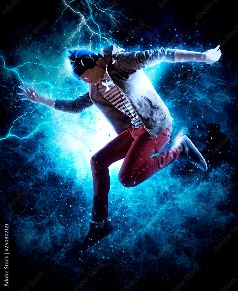 Man break dancing on electricity light background Man break dancing on electricity light background