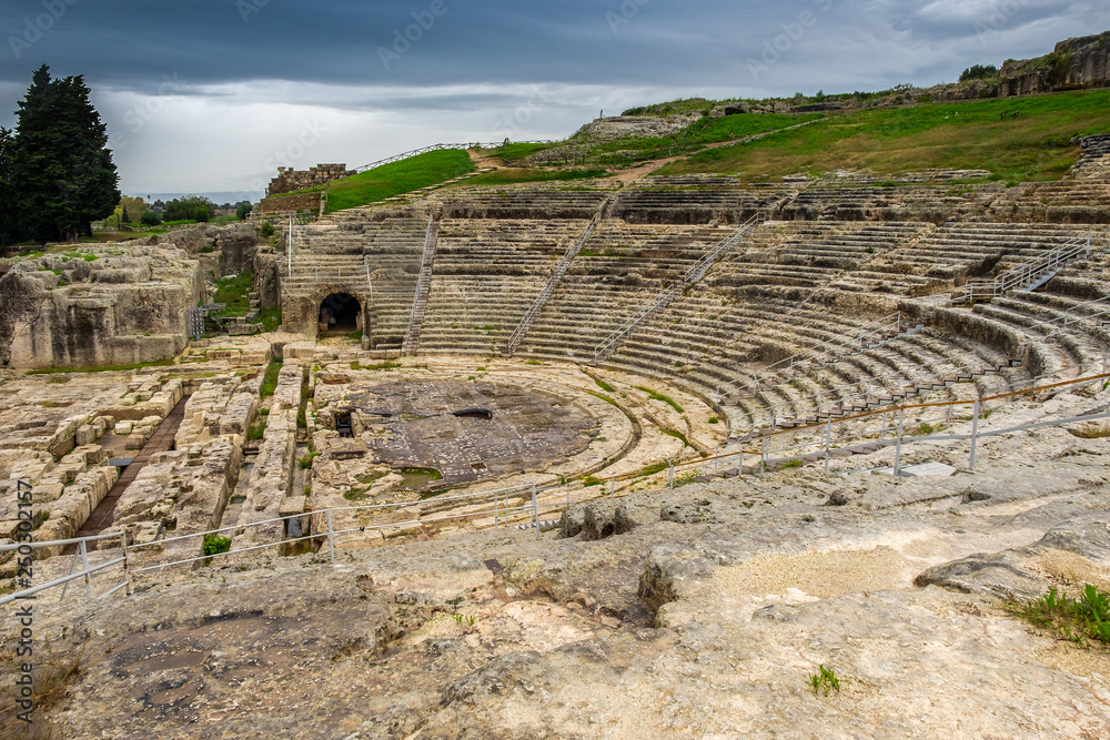 Ancient Theater Greek architecture in historic city Syracuse on the island of Sicily, Italy