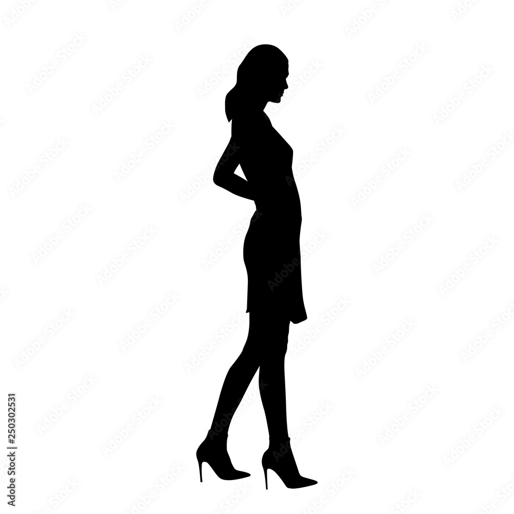 Young slim girl in short summer dress standing, profile, side view. Isolated vector silhouette