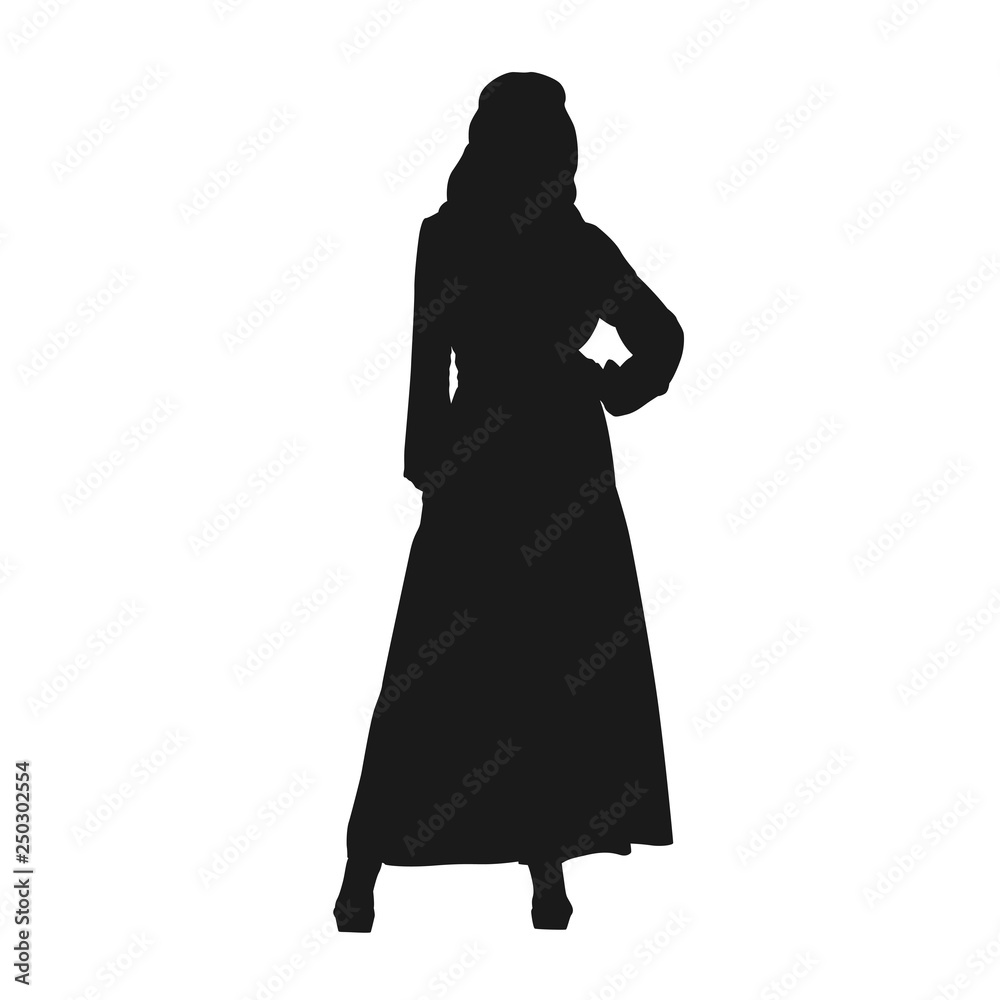Woman in bathrobe or long dress, isolated vector silhouette. Front view