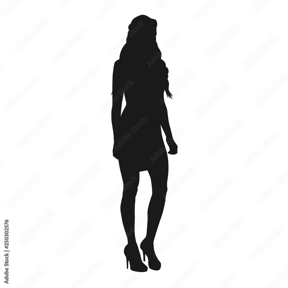 Business woman standing, isolated vector silhouette, front view. Sexy slim woman in short dress