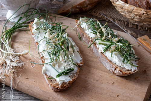 Sourdough bread with cottage cheese and crow garlic photo