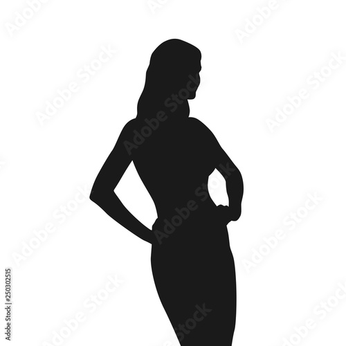Sexy woman with long hair standing with hands on hips, isolated vector silhouette