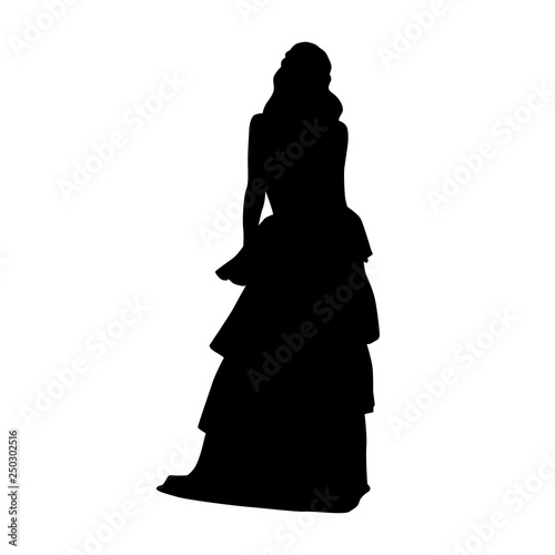 Woman with long hair standing in long night dress, isolated vector silhouette. Front view