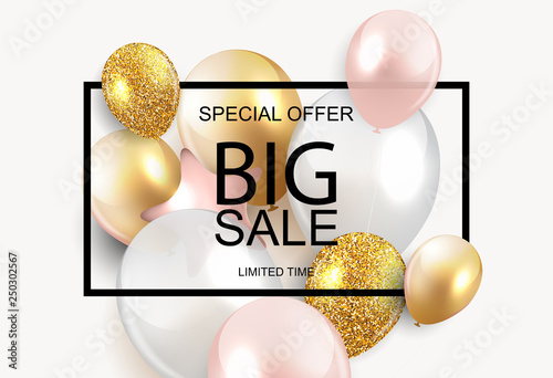Sale banner with floating balloons. Vector illustration