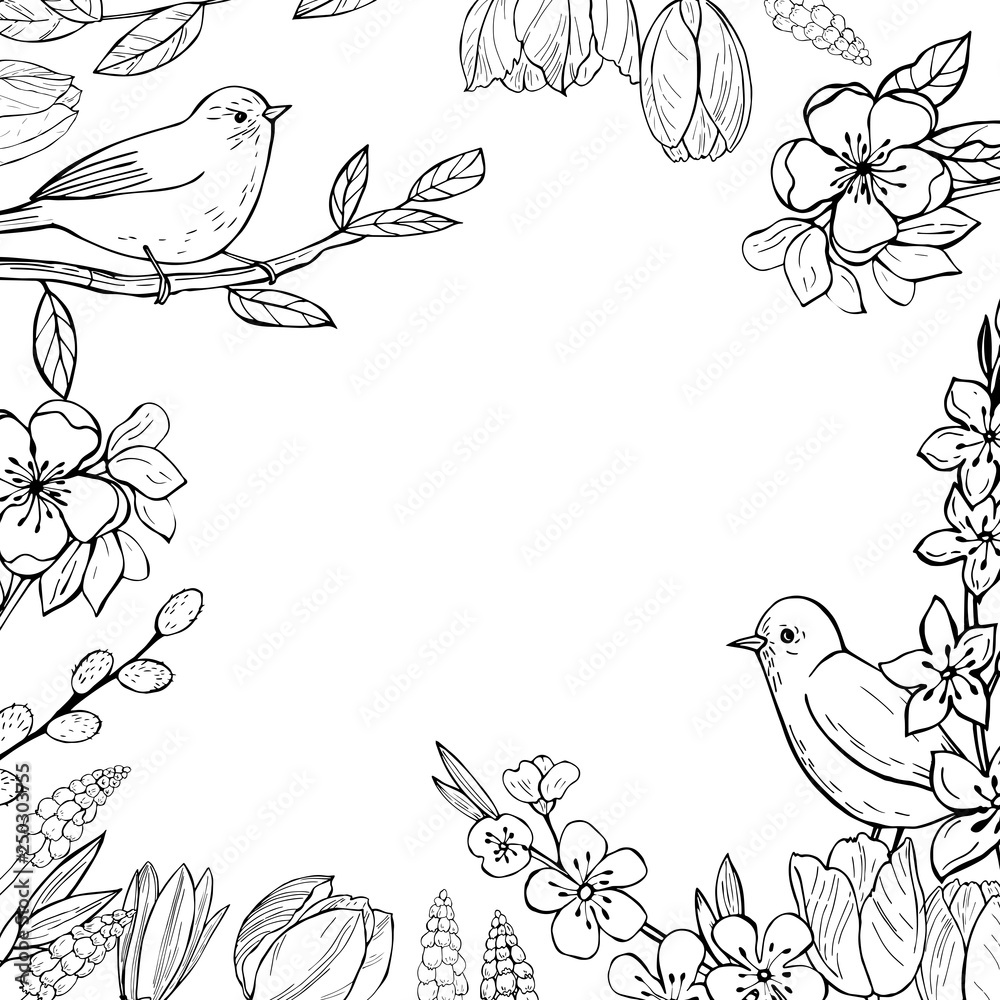 Spring background with hand drawn birds and flowers.Vector sketch illustration. Spring background with hand drawn birds and flowers.Vector sketch illustration.