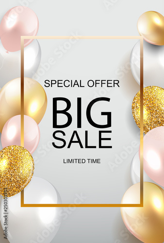 Sale banner with floating balloons. Vector illustration