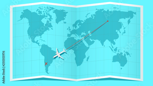 World map with airline route, Paper world map, the plane flies to its destination , international flights, dotted line air path. Vector illustration