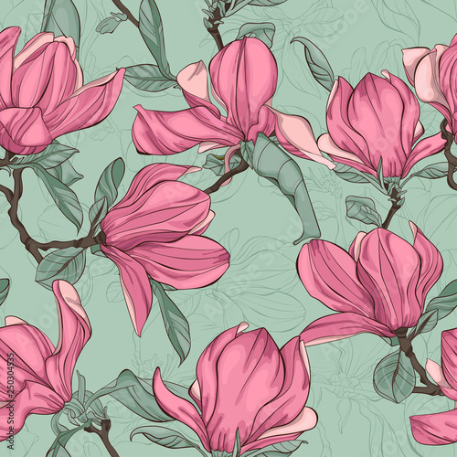 Seamless pattern with beautiful spring magnolia flowers on a green background.