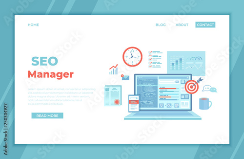 SEO Manager, Key Management, Content marketing. Coordinating and implementing search engine marketing programs. Laptop with web page and program code, icons. landing page template web banner. Vector