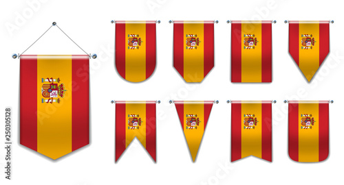 Set of hanging flags of the Spain with textile texture. Diversity shapes of the national flag country. Vertical Template Pennant for background, banner, web site, logo,award, achievement, festival.
