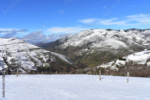 Winter landscape with snowy field, green valley with forest and mountains covered with snow. Ancares Region, Lugo Province, Spain.