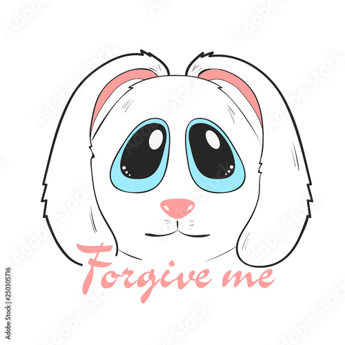 Forgive me card with adorable cute bunny. cartoon character of rabbit with apologize. Isolated vector