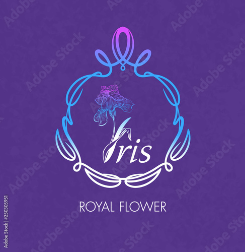 Iris flower logo in the style of engraving, design elements on a purple background.. Flower logotype for a spa, wellness center, massage or beauty salon, hotel. Beauty logo.  Beauty Bar. 