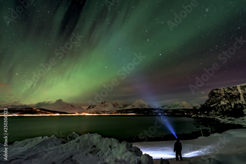 Amazing aurora borealis - northern lights - view from coast in Oldervik, near Tromso city - north Norway