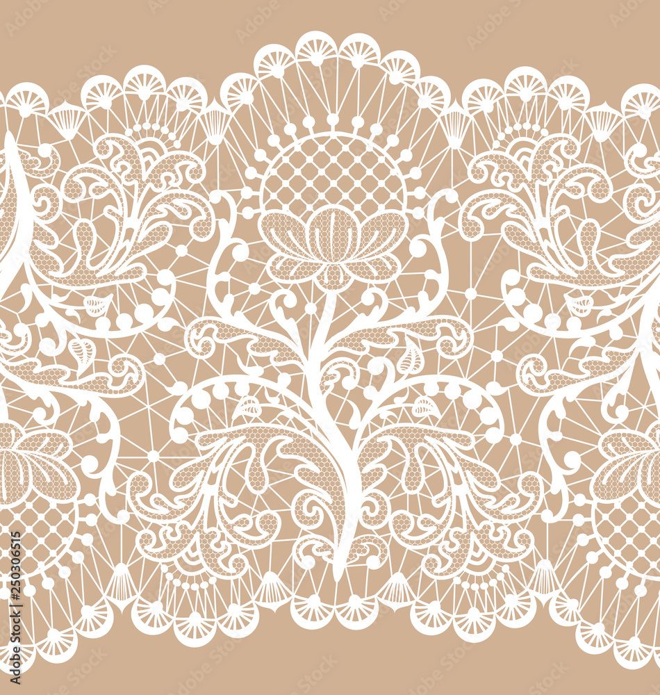 Horizontally seamless beige lace background with floral pattern