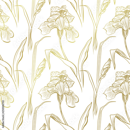 Wallpaper Mural Floral pattern with iris flowers. Seamless vector pattern with golden irises flowers. Torontodigital.ca