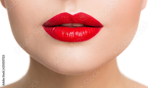 Lips Beauty Closeup  Woman Face Make Up and Red Lipstick Close Up