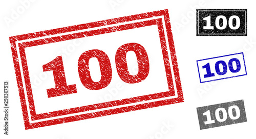 Grunge 100 rectangle stamp seals isolated on a white background. Rectangular seals with grunge texture in red, blue, black and gray colors. Vector rubber watermark of 100 text inside rectangle frames.