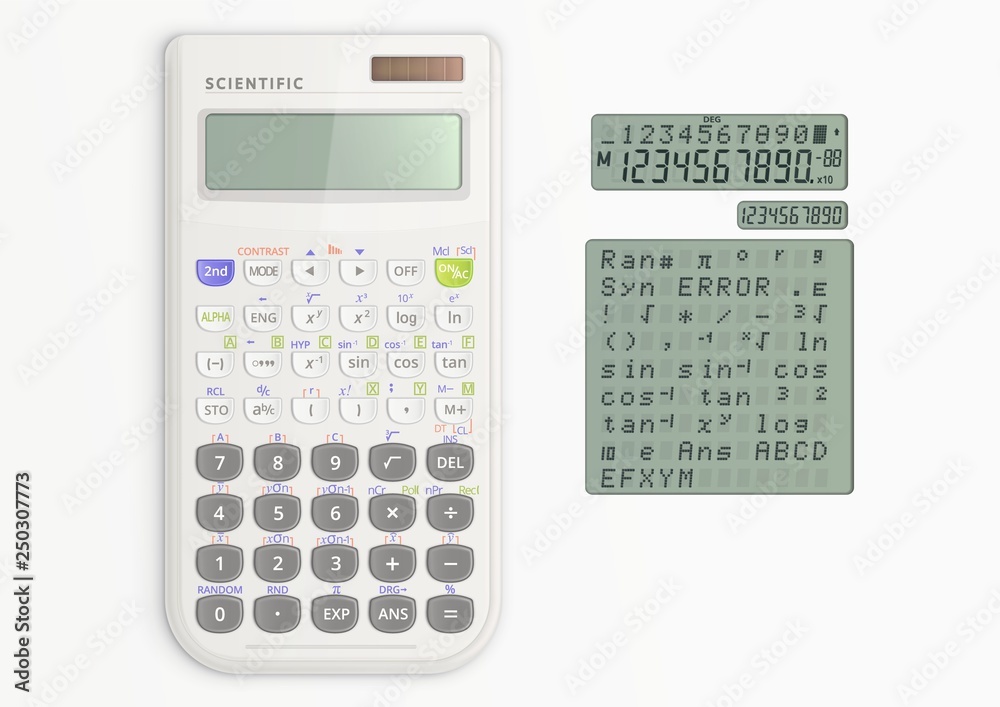 White scientific calculator with solar cell and screen symbols White scientific calculator with solar cell and screen symbols