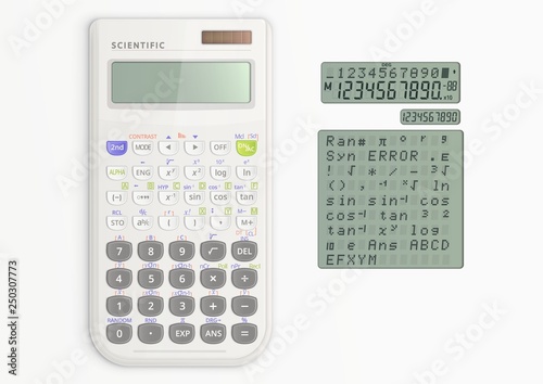 White scientific calculator with solar cell and screen symbols