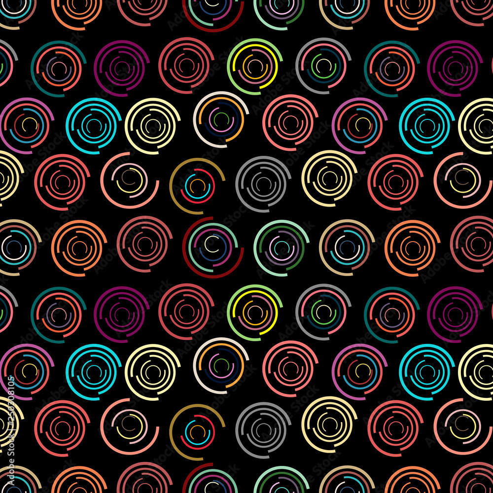 colorful modern circles and arcs repeating pattern over black background. for textile, fabric, wallpaper, backgrounds, backdrops and creative surface design templates. pattern swatch at eps file
