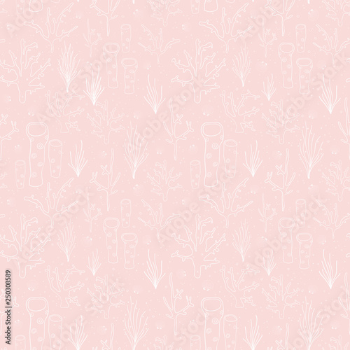 Seamless vector background coral reef subtle pink. Underwater pattern with corals, sea plants, seaweed, sponge, clams, shells. Hand drawn marine doodle backdrop. For fabric, digital paper, web decor.