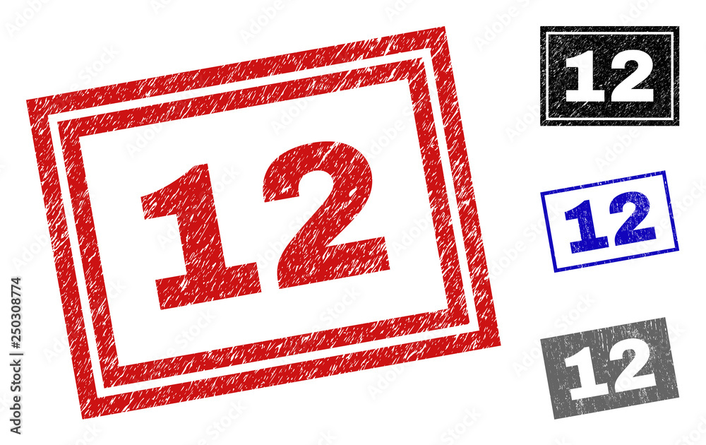 Grunge 12 rectangle stamp seals isolated on a white background. Rectangular seals with grunge texture in red, blue, black and gray colors. Vector rubber imprint of 12 caption inside rectangle borders. Grunge 12 rectangle stamp seals isolated on a white background. Rectangular seals with grunge texture in red, blue, black and gray colors. Vector rubber imprint of 12 caption inside rectangle borders.