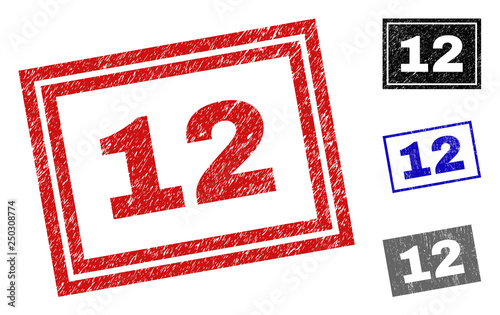 Grunge 12 rectangle stamp seals isolated on a white background. Rectangular seals with grunge texture in red, blue, black and gray colors. Vector rubber imprint of 12 caption inside rectangle borders.