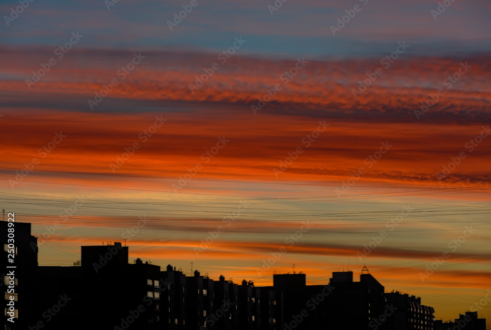 Bright February dawn in St. Petersburg. Colorful winter sky.