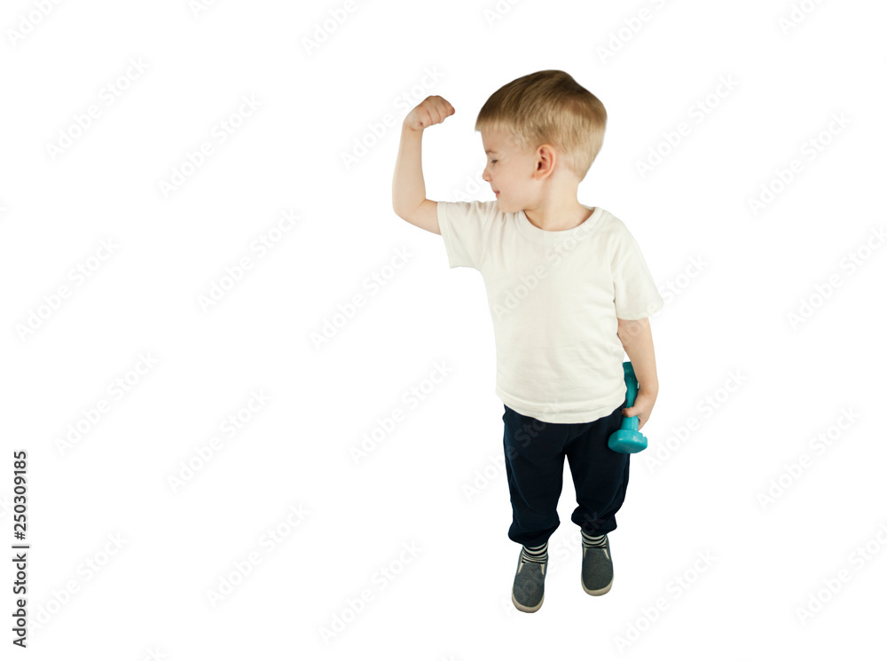 sporty little boy with dumbbells shows his muscles on an isolated blue background. The concept of a healthy lifestyle sporty little boy with dumbbells shows his muscles on an isolated blue background. The concept of a healthy lifestyle