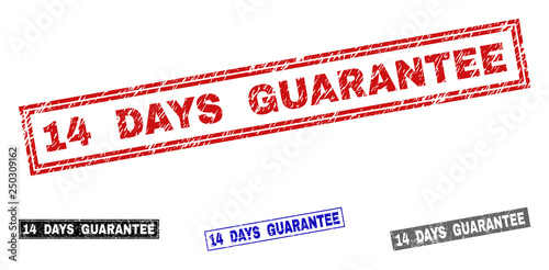 Grunge 14 DAYS GUARANTEE rectangle stamp seals isolated on a white background. Rectangular seals with distress texture in red, blue, black and gray colors.