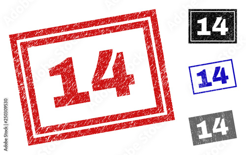 Grunge 14 rectangle stamp seals isolated on a white background. Rectangular seals with distress texture in red, blue, black and gray colors. Vector rubber overlay of 14 title inside rectangle borders.