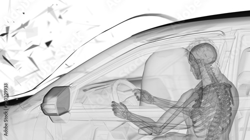 3d rendered illustration of two colliding cars - illustrating the effect of an impact with airbag photo